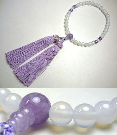 Women's Prayer Beads, White Agate, Wisteria Cloud Amethyst, Wisteria Tassel