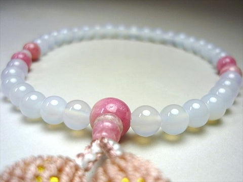 Women's White Agate Prayer Beads, Rhodochrosite, Ash-Pink Tassel