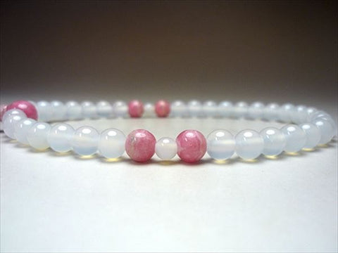 Women's White Agate Prayer Beads, Rhodochrosite, Ash-Pink Tassel