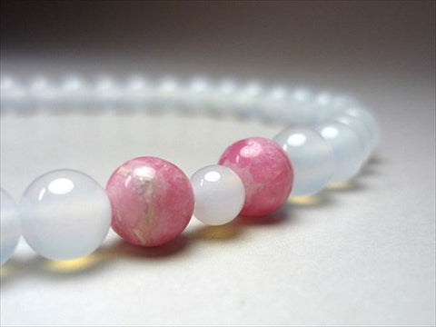 Women's White Agate Prayer Beads, Rhodochrosite, Ash-Pink Tassel