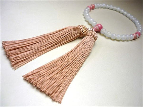 Women's White Agate Prayer Beads, Rhodochrosite, Ash-Pink Tassel
