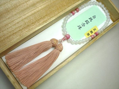 Women's White Agate Prayer Beads, Rhodochrosite, Ash-Pink Tassel