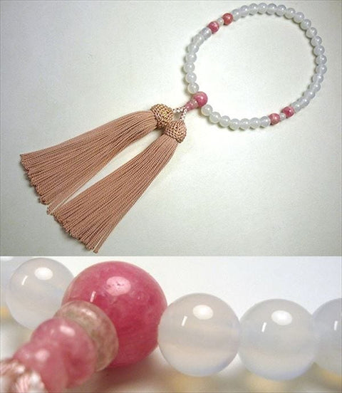 Women's White Agate Prayer Beads, Rhodochrosite, Ash-Pink Tassel