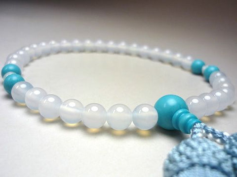 Women's Prayer Beads, White Agate, Turquoise 4-Point Finish, Wasuregusa Tassel