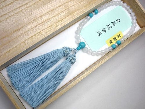Women's Prayer Beads, White Agate, Turquoise 4-Point Finish, Wasuregusa Tassel