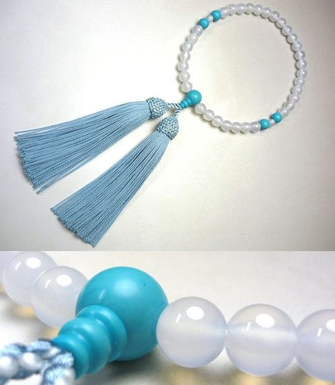 Women's Prayer Beads, White Agate, Turquoise 4-Point Finish, Wasuregusa Tassel