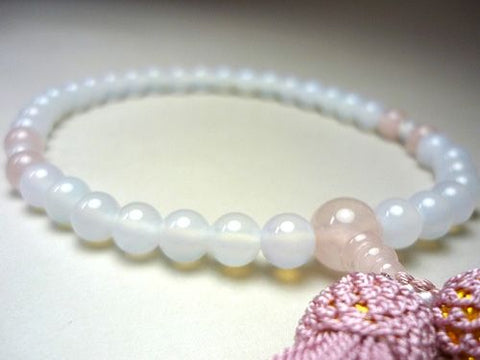Women's Prayer Beads, White Agate, Rose Quartz 4-Point Finish, Light Pink Tassel