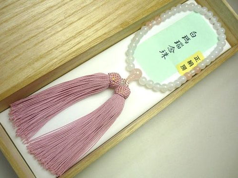 Women's Prayer Beads, White Agate, Rose Quartz 4-Point Finish, Light Pink Tassel