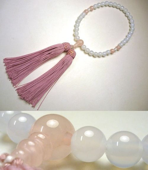 Women's Prayer Beads, White Agate, Rose Quartz 4-Point Finish, Light Pink Tassel