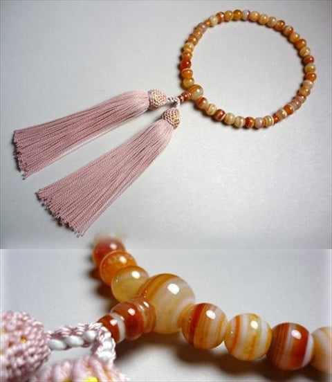 Women's Striped Agate Prayer Beads, Round Bead, Silk Tassel