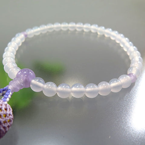 Women's Prayer Beads, White Agate, Wisteria Cloud Amethyst, Wisteria Tassel