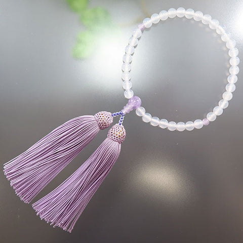 Women's Prayer Beads, White Agate, Wisteria Cloud Amethyst, Wisteria Tassel