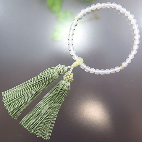 Women's Prayer Beads, White Agate, Serpentine Finish, Celadon Tassel