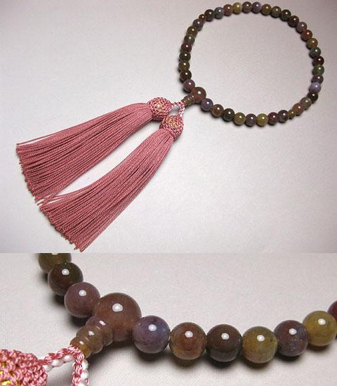 Women's Rose Agate Prayer Beads, Pale Pink Tassel