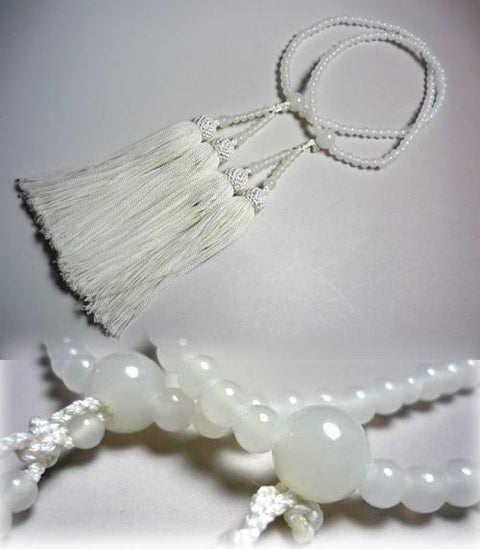 Women's White Onyx Prayer Beads, Double-Strand, White Tassel