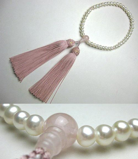 Women's Freshwater Pearl Prayer Beads, Rose Quartz, Ash-Pink Tassel
