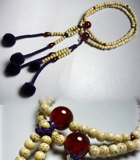 Women's Prayer Beads, Star Moon Bodhi Seed, Red Agate Finish, Nichiren Hokke Sect, Silk Rod Tassel