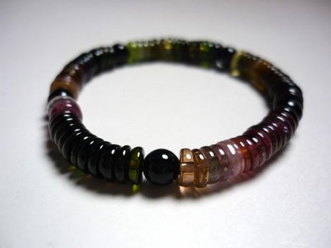 Mixed Tourmaline Flat Bead Bracelet with Black Onyx, B, Limited Edition