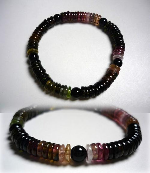 Mixed Tourmaline Flat Bead Bracelet with Black Onyx, B, Limited Edition