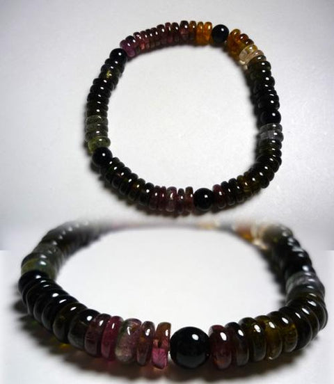 Mixed Tourmaline Flat Bead Bracelet with Black Onyx, D, Limited Edition
