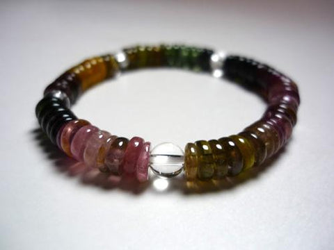 Mixed Tourmaline Flat Bead Bracelet with Crystal, B, Limited Edition