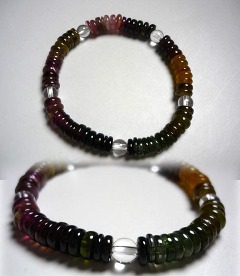 Mixed Tourmaline Flat Bead Bracelet with Crystal, B, Limited Edition