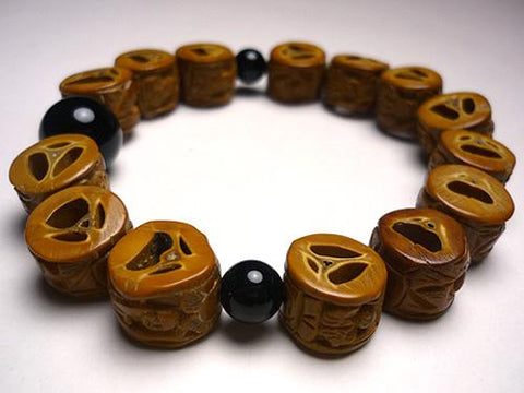 Olive Wood (Rakuwari) Arhat-Carved Bracelet, Black Onyx Accent