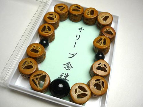 Olive Wood (Rakuwari) Arhat-Carved Bracelet, Black Onyx Accent