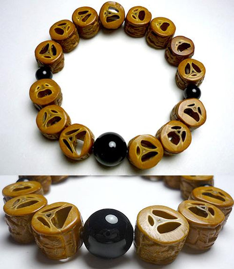 Olive Wood (Rakuwari) Arhat-Carved Bracelet, Black Onyx Accent