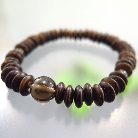 Coconut wood flat bead bracelet, smoky quartz combination