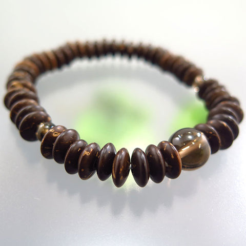 Coconut wood flat bead bracelet, smoky quartz combination