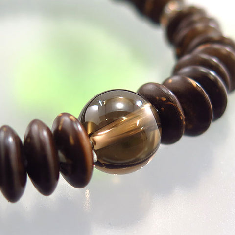 Coconut wood flat bead bracelet, smoky quartz combination