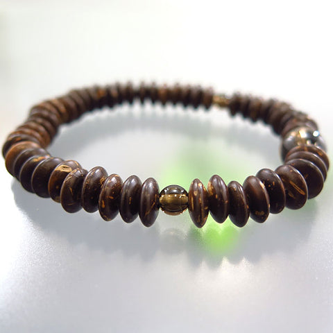 Coconut wood flat bead bracelet, smoky quartz combination