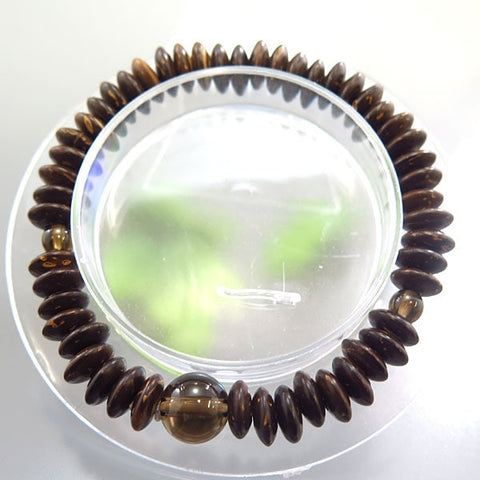 Coconut wood flat bead bracelet, smoky quartz combination