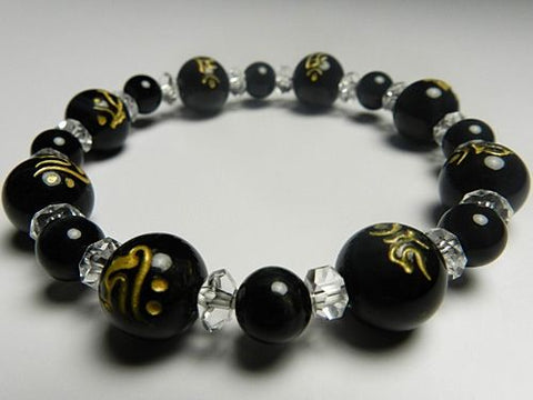 Blue Tiger's Eye bracelet with eight Sanskrit characters, quartz cut-glass combination