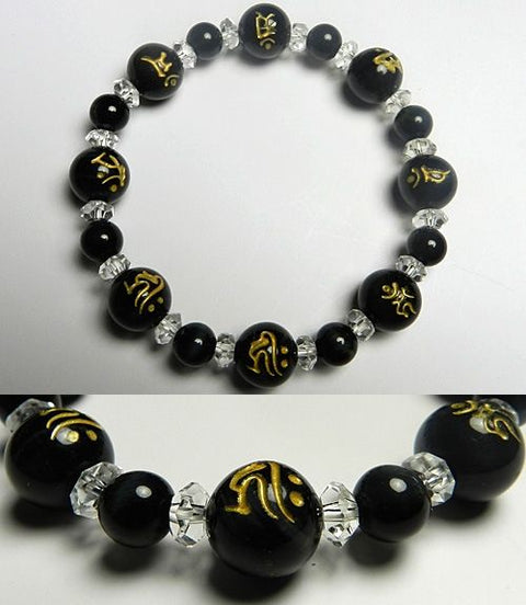 Blue Tiger's Eye bracelet with eight Sanskrit characters, quartz cut-glass combination