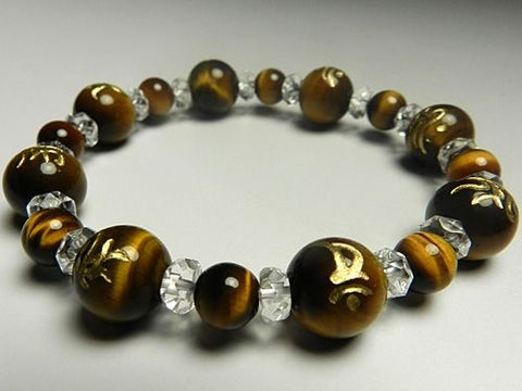 Tiger's Eye Bracelet with Eight Sanskrit Characters, Crystal Cut Glass Combination