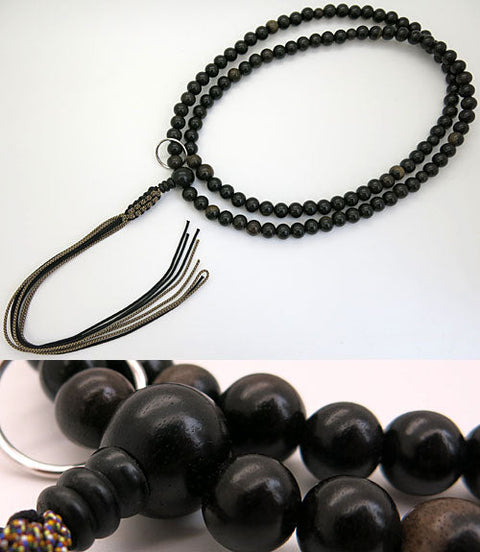 Men's Prayer Beads, Black Persimmon Wood, Soto Zen Sect, Shaku-Roku Length, Matching Set