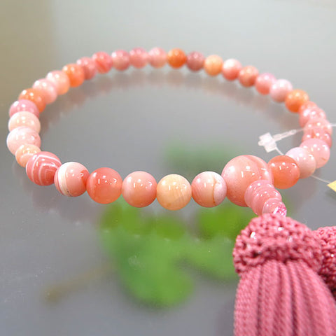 Women's Peach Striped Agate Prayer Beads, 8mm Bead, New Coral Tassel
