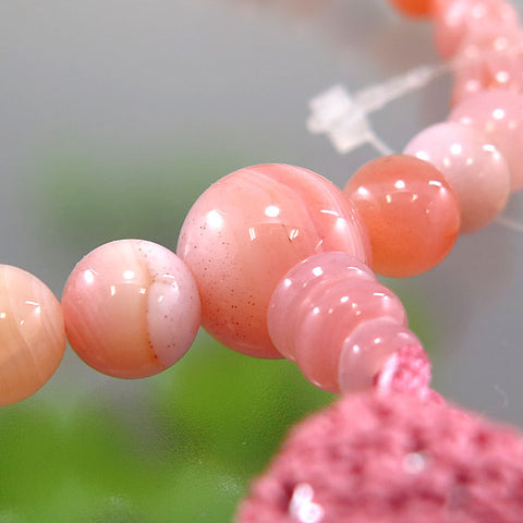 Women's Peach Striped Agate Prayer Beads, 8mm Bead, New Coral Tassel