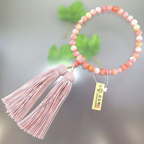 Women's Peach Striped Agate Prayer Beads, 8mm Bead, Ash-Pink Tassel