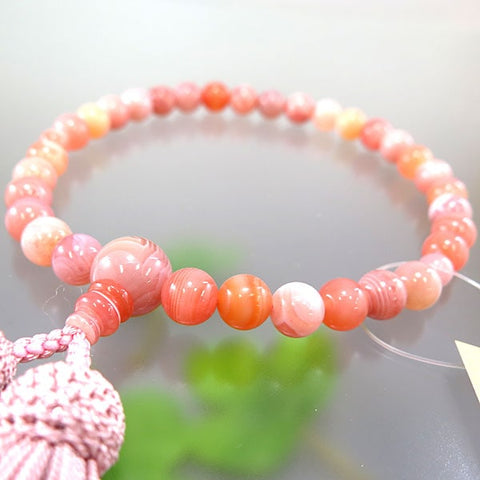 Women's Peach Striped Agate Prayer Beads, 8mm Bead, Ash-Pink Tassel
