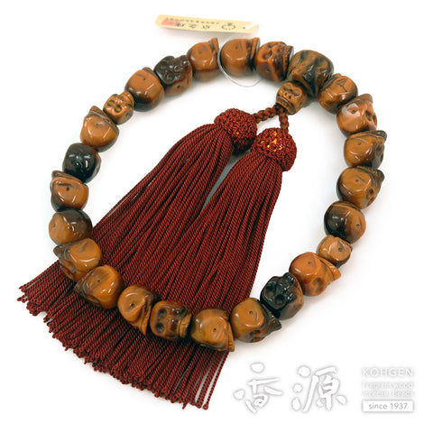 Men's prayer beads, skeleton skull carving, tiger's eye stone