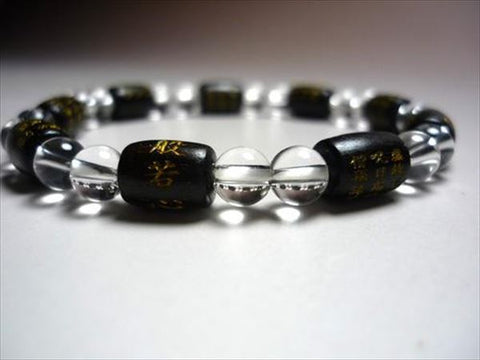 Heart Sutra engraved striped ebony, bale-shaped crystal bracelet