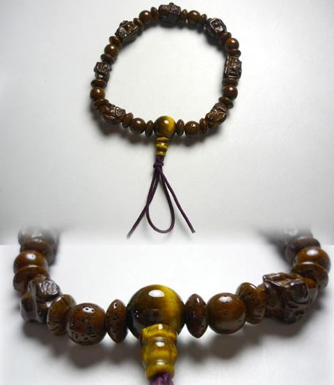 Briar wood seven lucky gods bracelet, tiger's eye finish