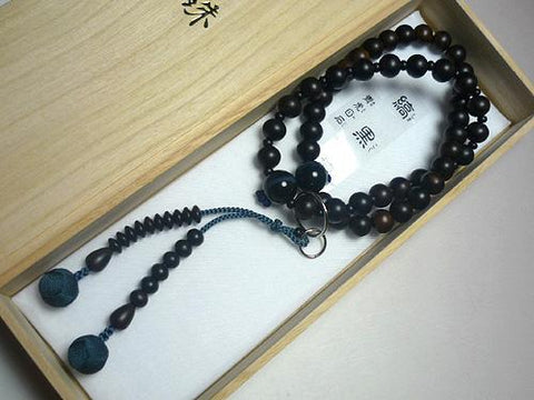 Men's Prayer Beads, Striped Ebony, Jodo Sect, Blue Tiger's Eye Finish