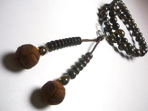 Men's Prayer Beads, Betel Palm Wood, Smoky Quartz Finish, Jodo Sect, Dark Brown Tassel