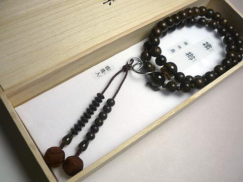 Men's Prayer Beads, Betel Palm Wood, Smoky Quartz Finish, Jodo Sect, Dark Brown Tassel