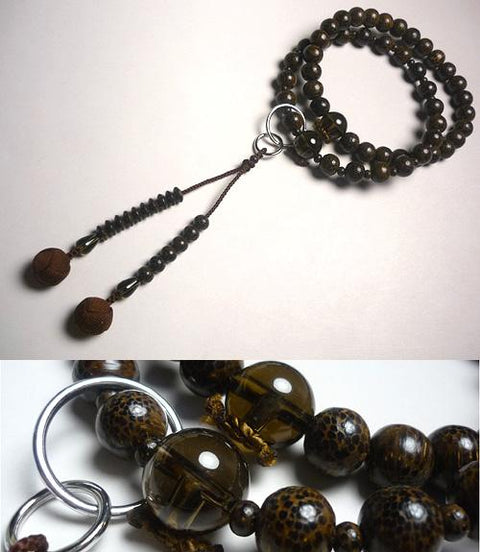 Men's Prayer Beads, Betel Palm Wood, Smoky Quartz Finish, Jodo Sect, Dark Brown Tassel