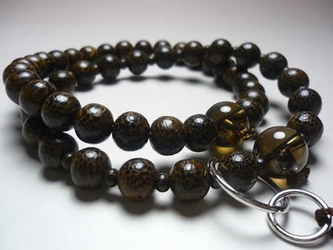 Men's Prayer Beads, Betel Palm Wood, Smoky Quartz Finish, Jodo Sect, Dark Brown Tassel
